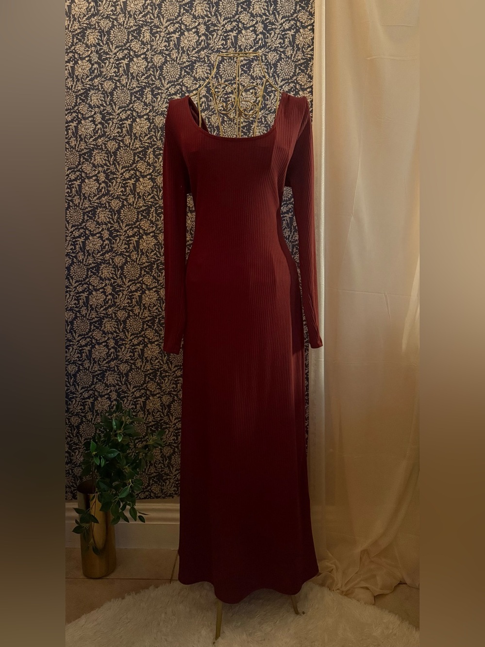 A New Day Burgundy Ribbed Long-Sleeve Maxi Dress Size M